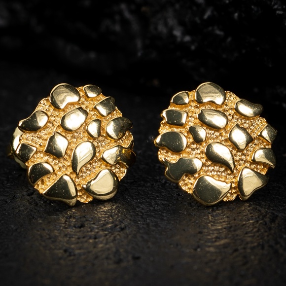 Round 14K Gold Plated Large Hip Hop 925 Sterling Nugget Vermeil Stud Earrings - Picture 1 of 5